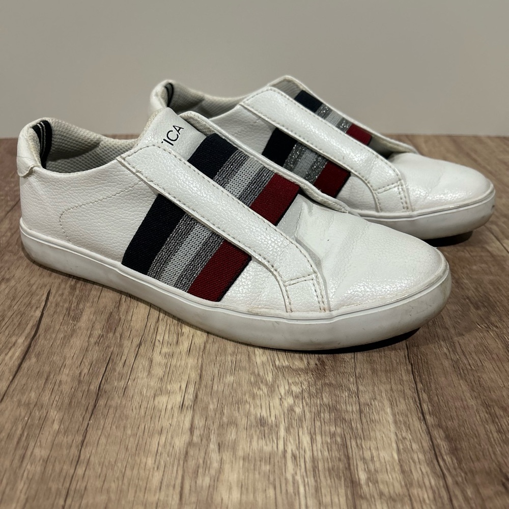 Women’s Nautica White Slip-On Sneakers with Red and Navy Stripes